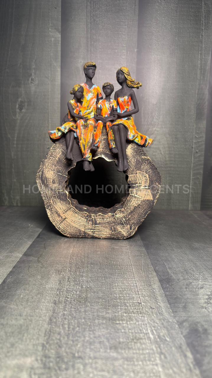 Modern Family Sculpture – 4 Member Figurine on Rustic Log