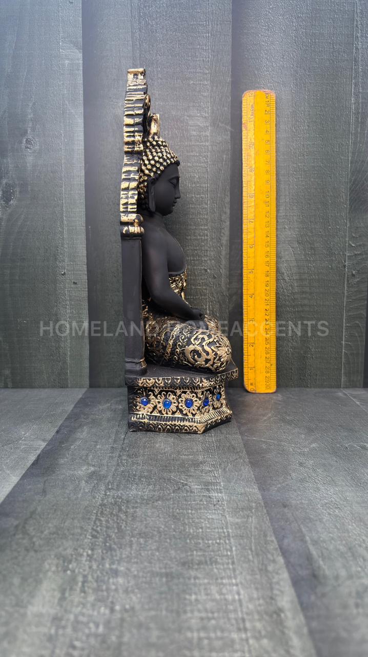 Majestic Black Gold Sitting Buddha Idol with Arch Backrest – 11.5 Inches