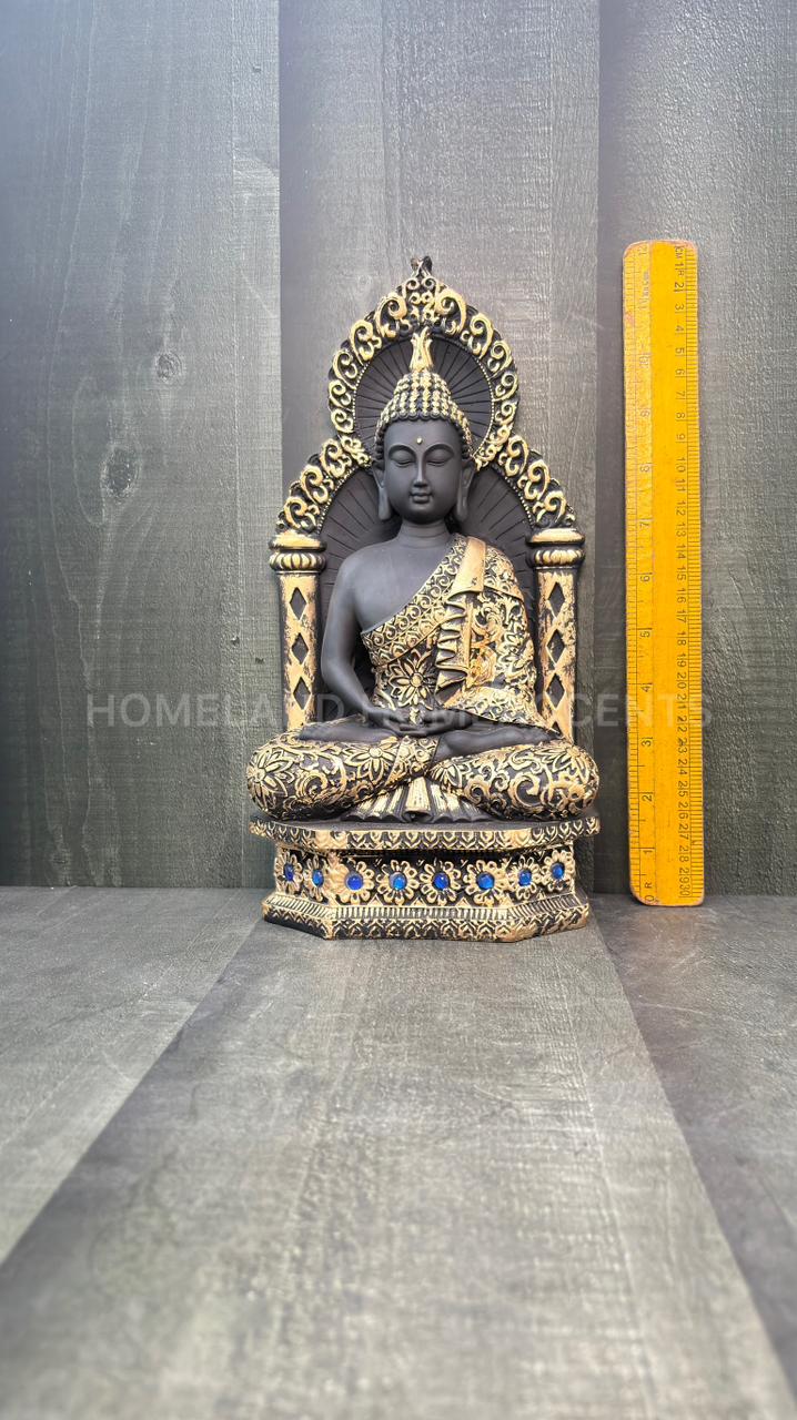 Majestic Black Gold Sitting Buddha Idol with Arch Backrest – 11.5 Inches