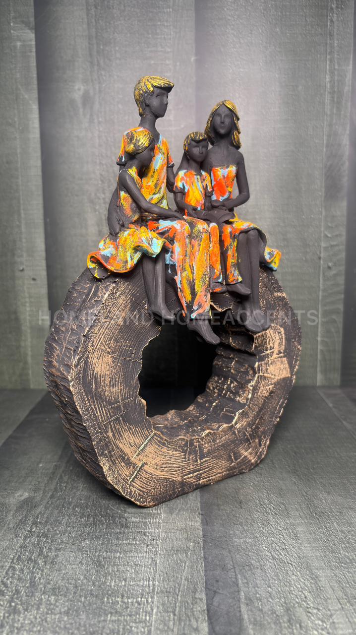 Modern Family Sculpture – 4 Member Figurine on Rustic Log