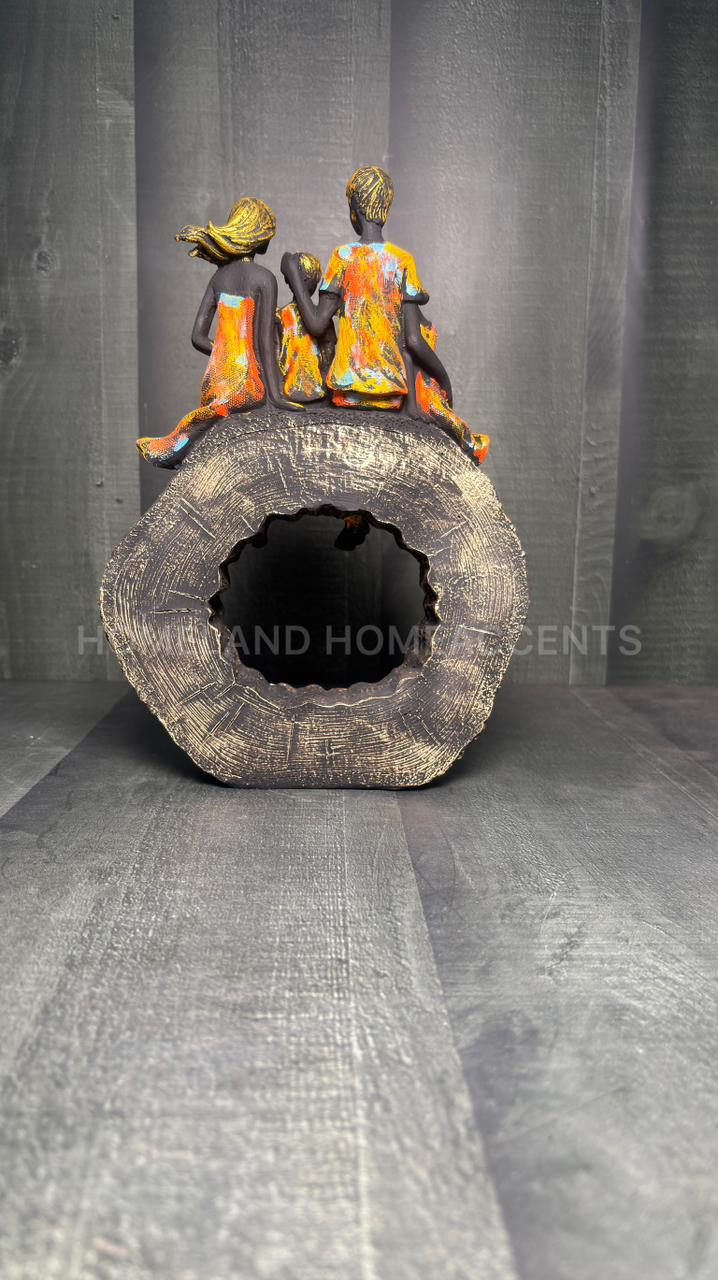 Modern Family Sculpture – 4 Member Figurine on Rustic Log