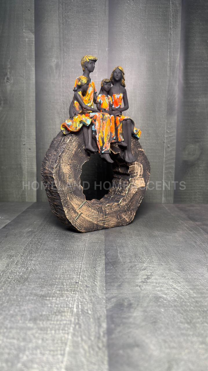 Modern Family Sculpture – 4 Member Figurine on Rustic Log