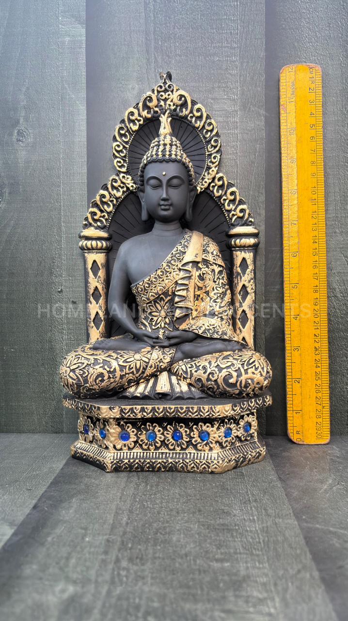 Majestic Black Gold Sitting Buddha Idol with Arch Backrest – 11.5 Inches