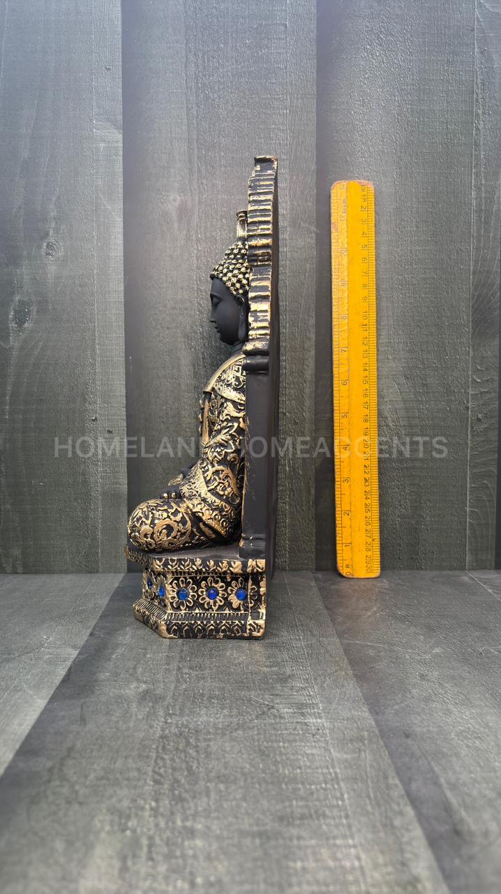 Majestic Black Gold Sitting Buddha Idol with Arch Backrest – 11.5 Inches